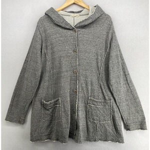 EILEEN FISHER Sweater XL Cotton Double Layer Button Up Cardigan Hoodie Gray
